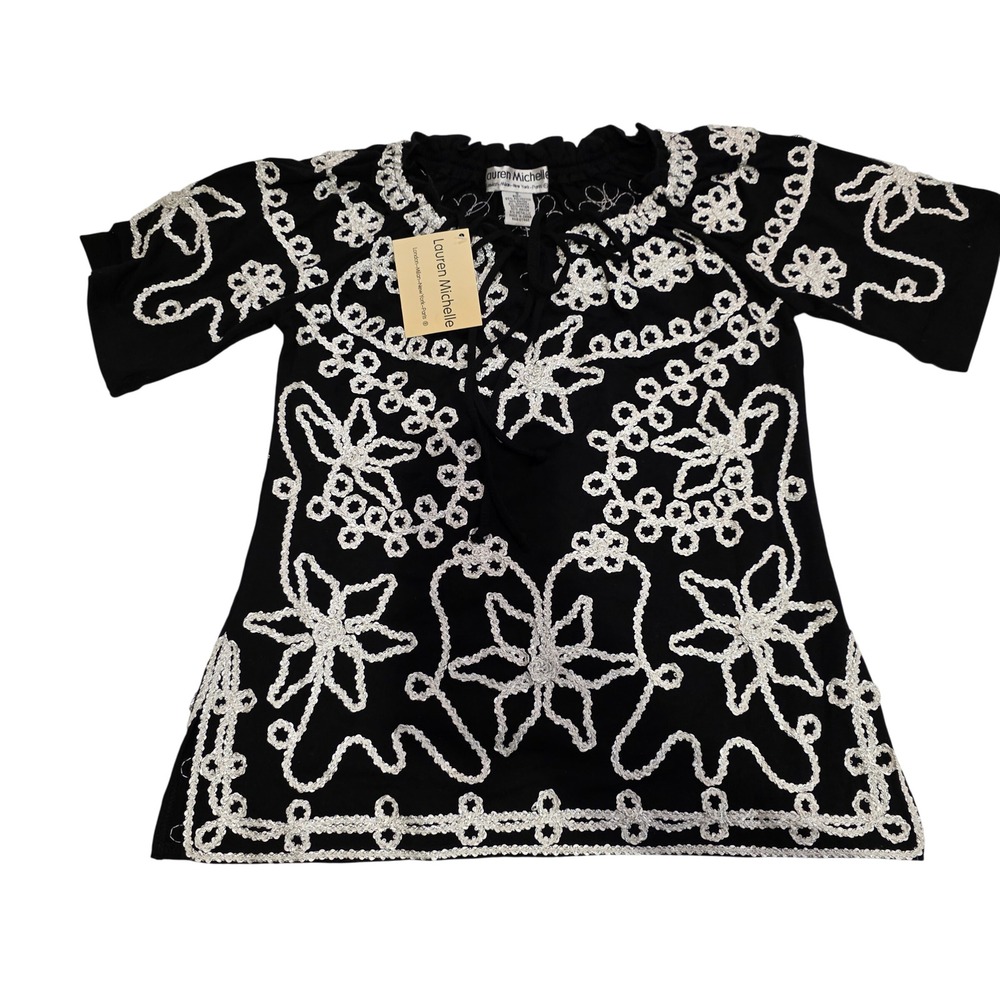 Lauren Michelle Black Silver Metallic Embroidered Peasant Top NWT Small8HRS